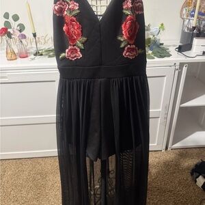Jasmine Black High-Low Dress with Red and Pink Floral Embroidery